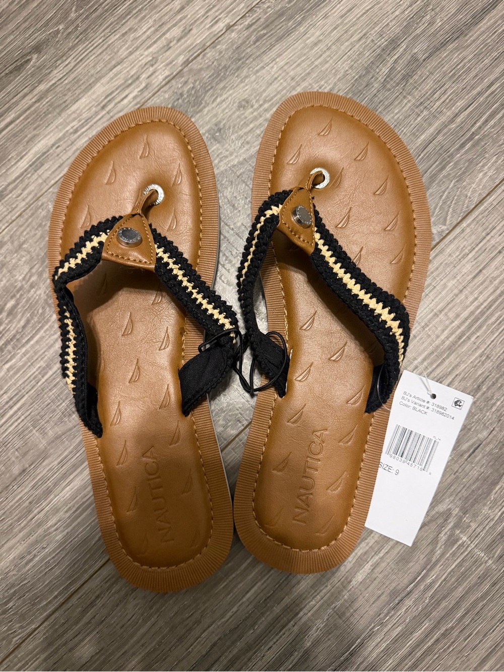 Nautica Tan Footbed with Black & Cream Braided Strap Thong Sandals
